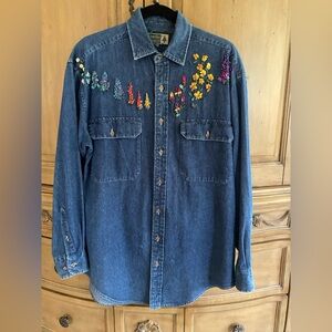 Denim Shirt witht Hand Embroidered Silk Flowers